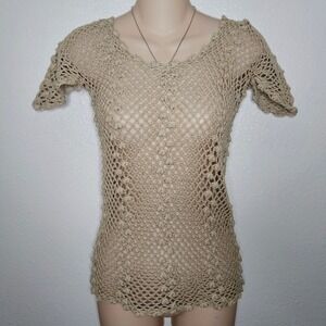Crochet Knit Top Tan Open Weave Boho